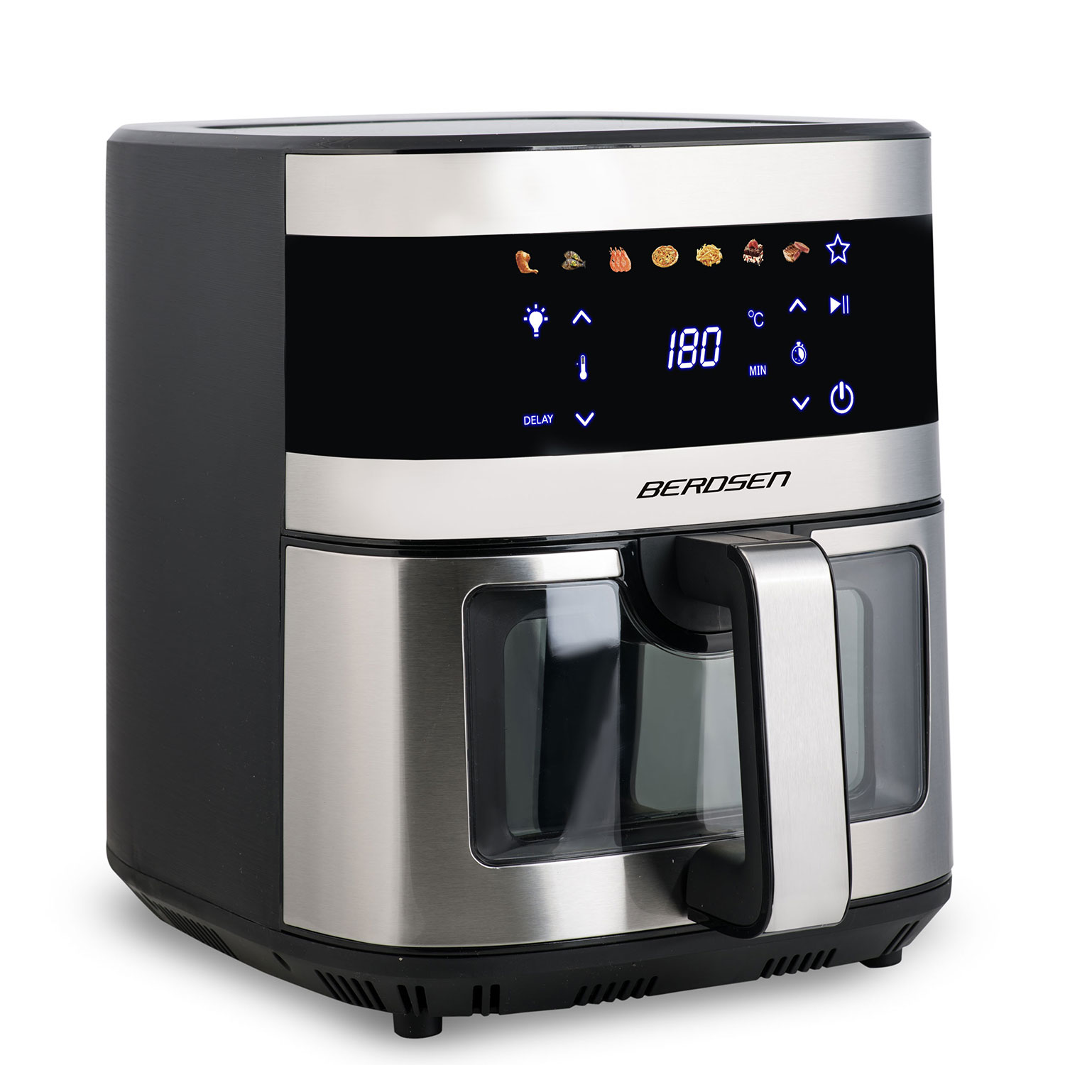 Frytownica beztłuszczowa Berdsen. Czarny i srebrny korpus z cyfrowym wyświetlaczem pokazującym 180 stopni. Zawiera uchwyt i przezroczyste okno.