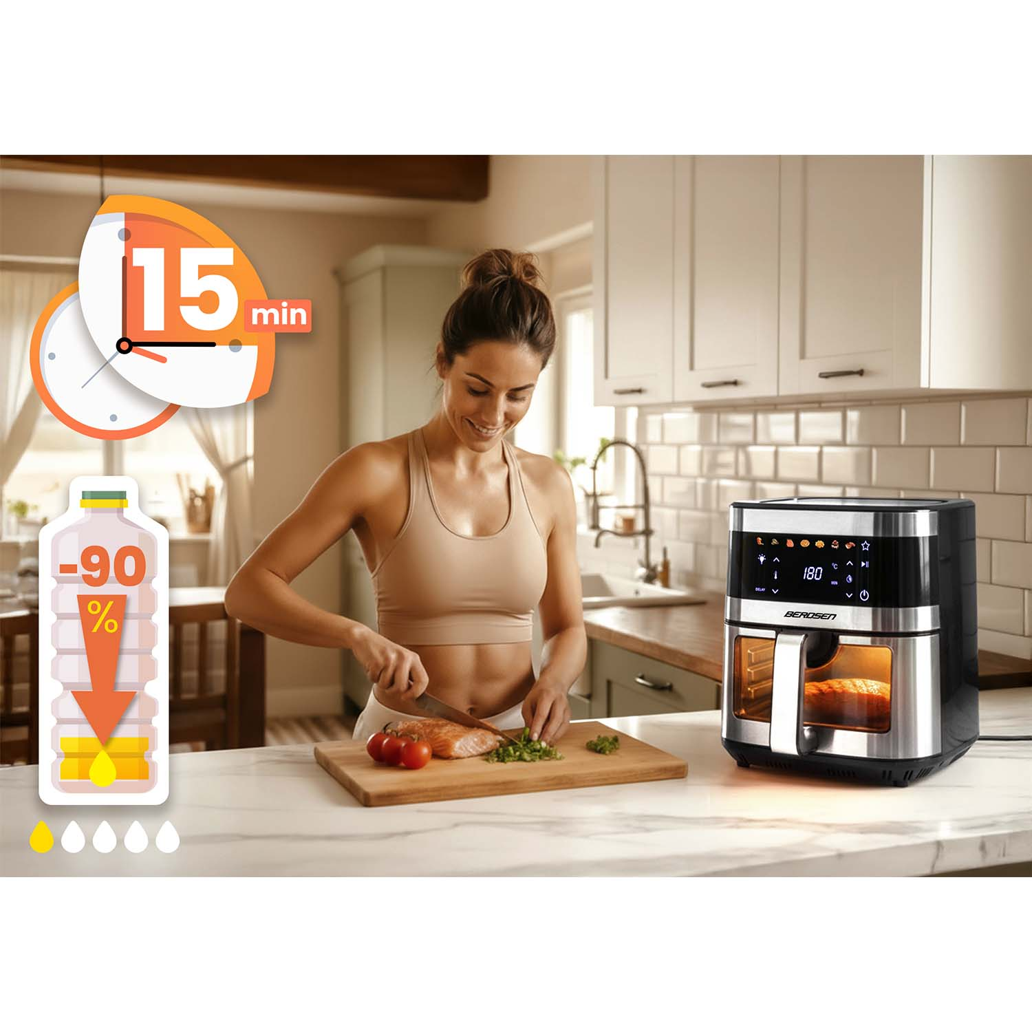 Kobieta w kuchni przygotowująca jedzenie, widoczna frytkownica powietrzna. Grafika timera pokazuje 15 minut. Grafika butelki oleju wskazuje 90% redukcji.