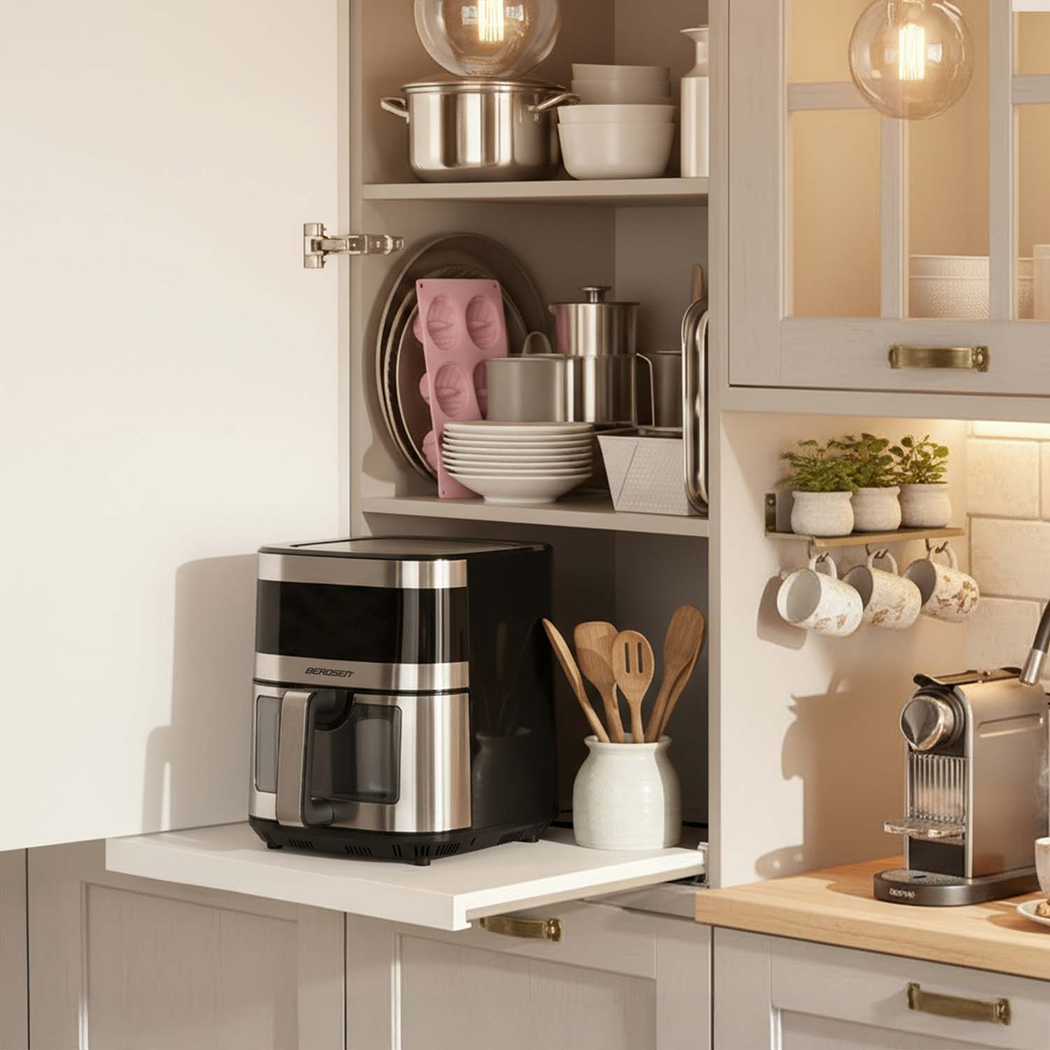 Szafka kuchenna jest otwarta, ukazując ekspres do kawy, naczynia i przybory. Widoczne są lampy i filiżanki do kawy.