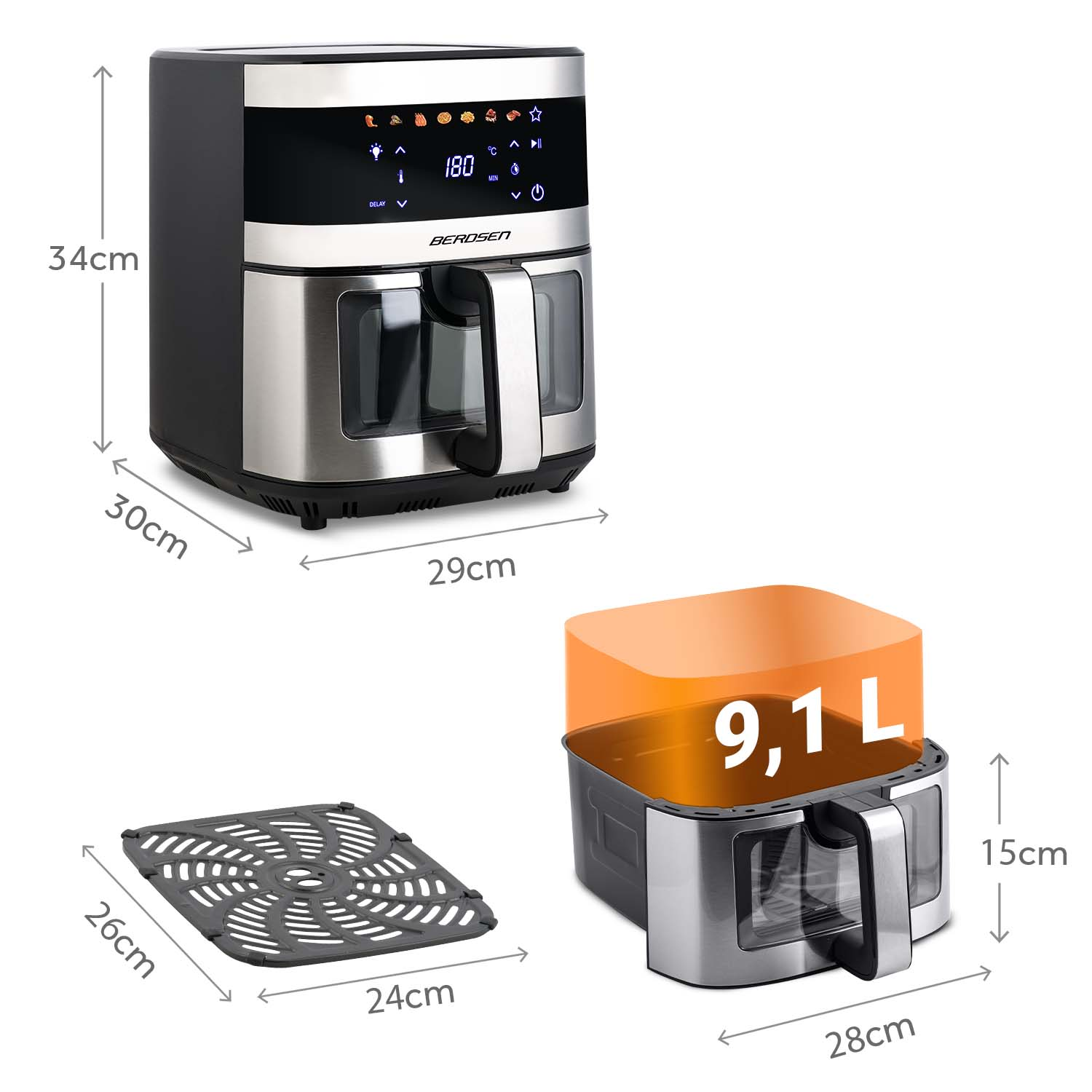 Frytownica powietrzna z wymiarami. Posiada wyświetlacz cyfrowy, tacę do gotowania i kosz. Pojemność wynosi 9,1L.