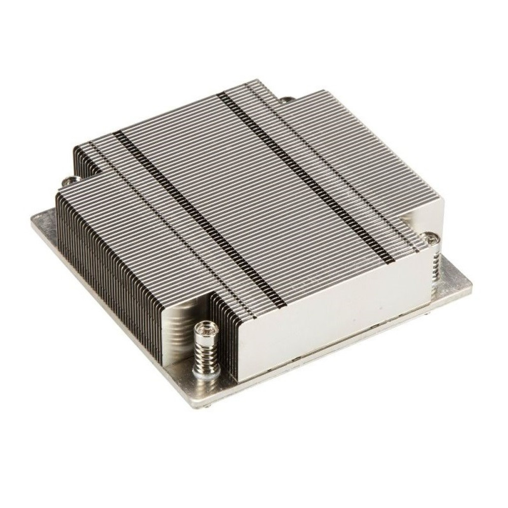 Metalowy cooler procesora z kwadratową podstawą i żebrowanym, użebrowanym wierzchem. Widoczne są dwa czarne paski. Widoczne są również śruby i sprężyny.