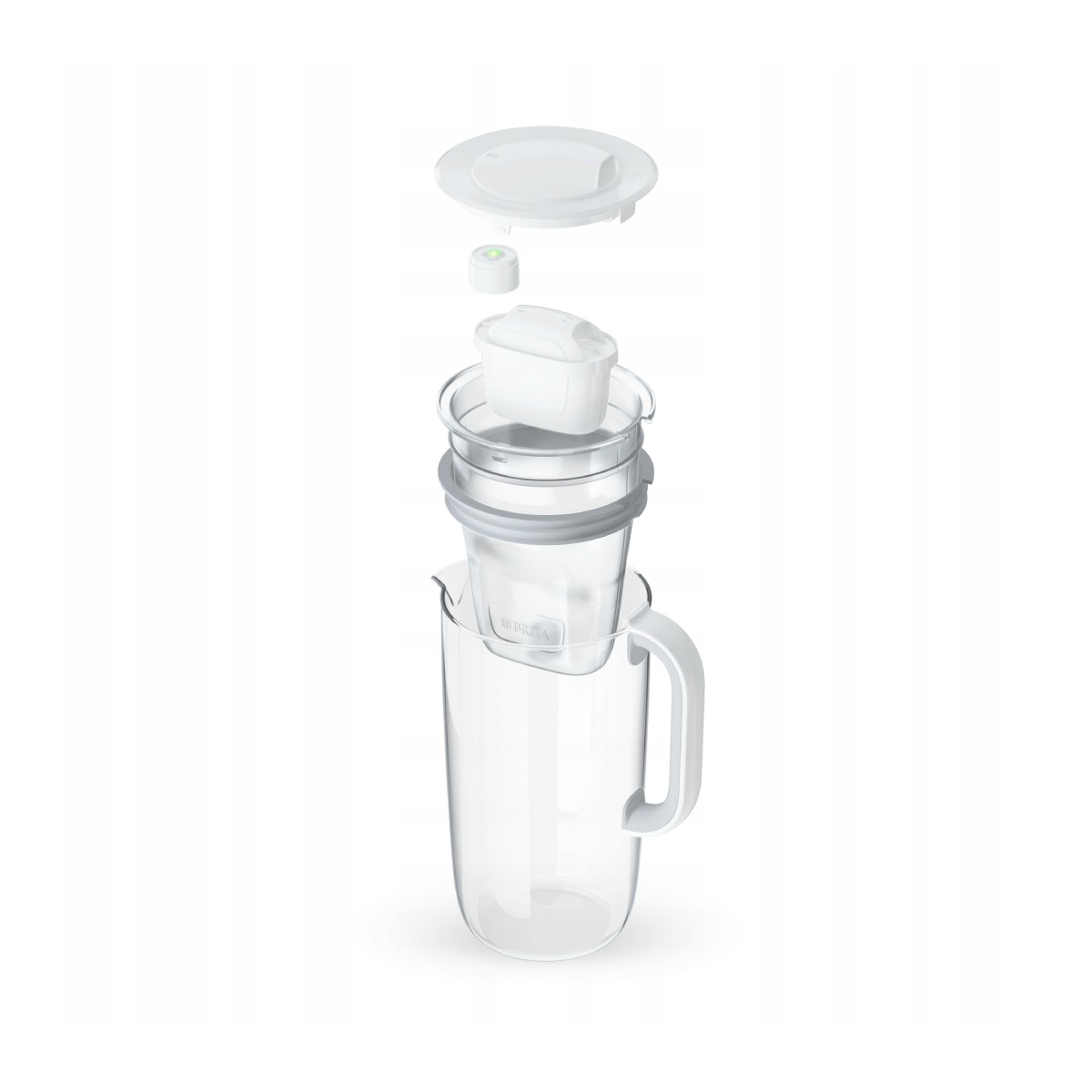 Rozłożony dzbanek z filtrem do wody. Elementy to pokrywa, filtr i korpus dzbanka. Wszystkie części są białe i przezroczyste.