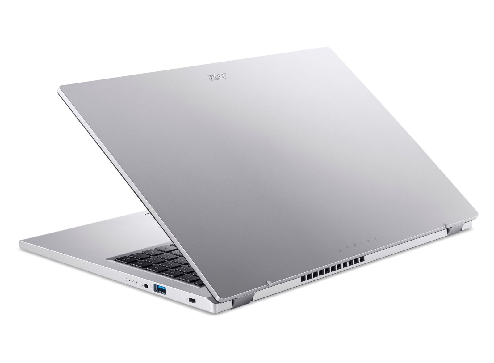 Ein silberner Acer Aspire Laptop ist geöffnet und zeigt Tastatur und Bildschirm. Das Acer-Logo befindet sich oben, 'Aspire' unten.