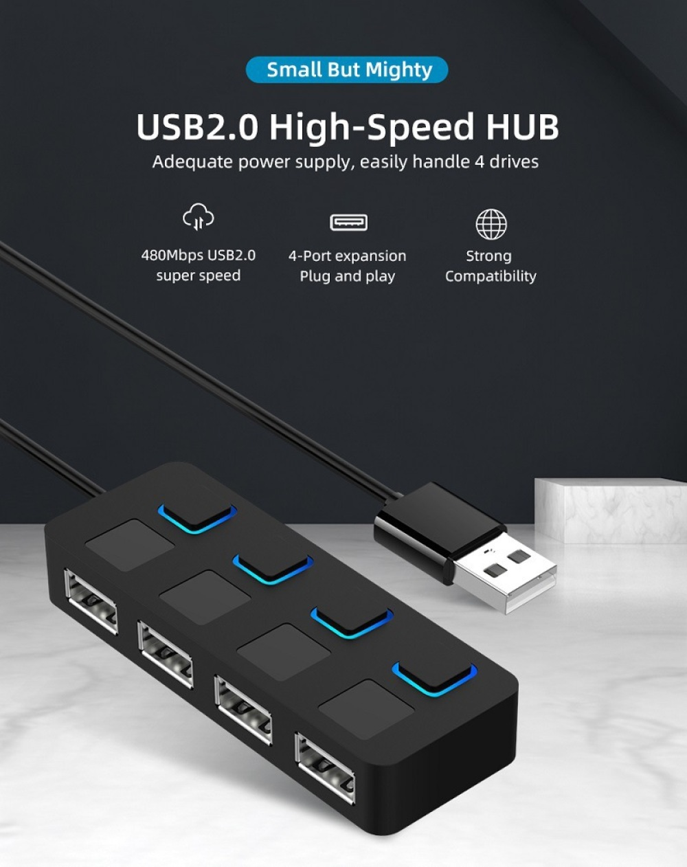 Ein schwarzer USB-Hub mit 4 Anschlüssen und blauen Lichtern. Ein USB-Kabel ist angeschlossen. Text: USB2.0 High-Speed HUB und Eigenschaften.