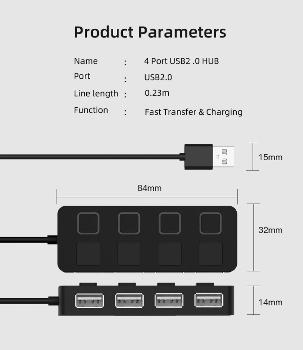 Ein schwarzer 4-Port-USB-2.0-HUB mit Abmessungen. Text zeigt Produktparameter: Name, Port, Leitungslänge und Funktion.