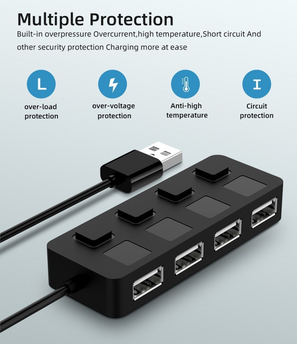 Ein schwarzer USB-Hub mit mehreren Anschlüssen ist mit einem USB-Kabel verbunden. Symbole zeigen Sicherheitsmerkmale.