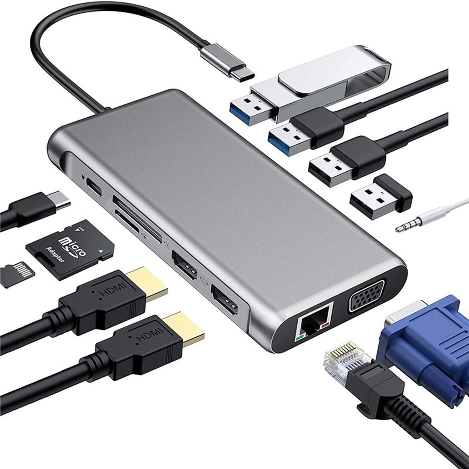 Ein silberner USB-C-Hub mit mehreren Anschlüssen, einschließlich USB, HDMI, Ethernet und VGA, sowie verschiedene angeschlossene Kabel und Adapter.