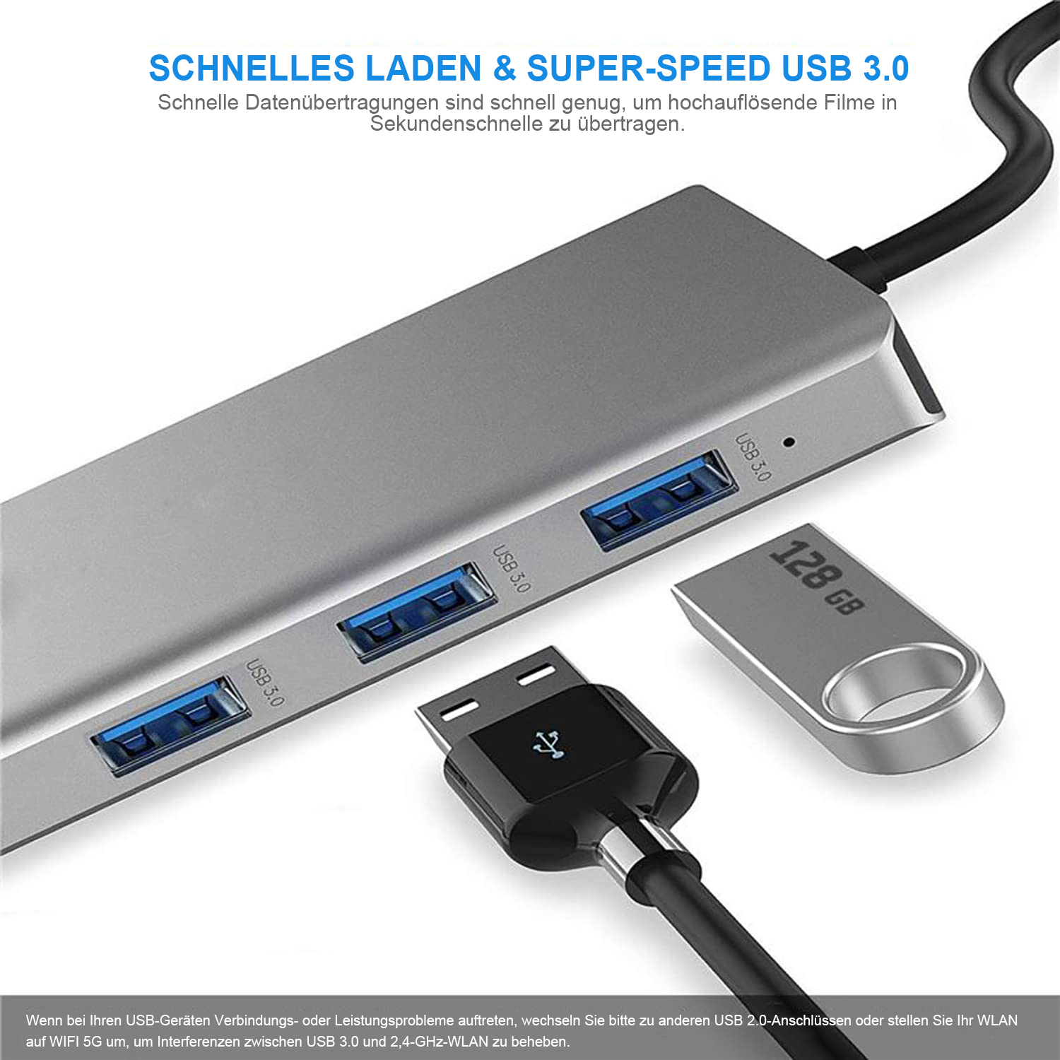 Ein silberner USB-Hub mit USB 3.0-Anschlüssen, ein USB-Stick und ein USB-Kabel werden angezeigt. Text über schnelles Laden und Datenübertragung.