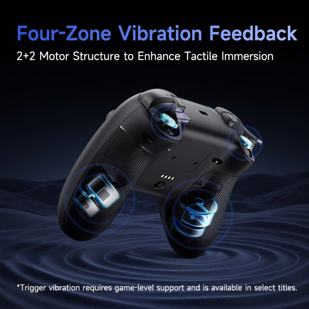 A black game controller with blue vibration feedback highlights. Text reads 'Four-Zone Vibration Feedback' and '2+2 Motor Structure'.