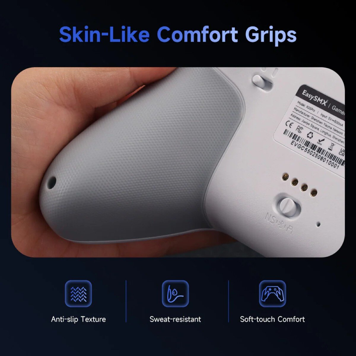 A hand holding a gray game controller. Text includes anti-slip texture, sweat-resistant, and soft-touch comfort.