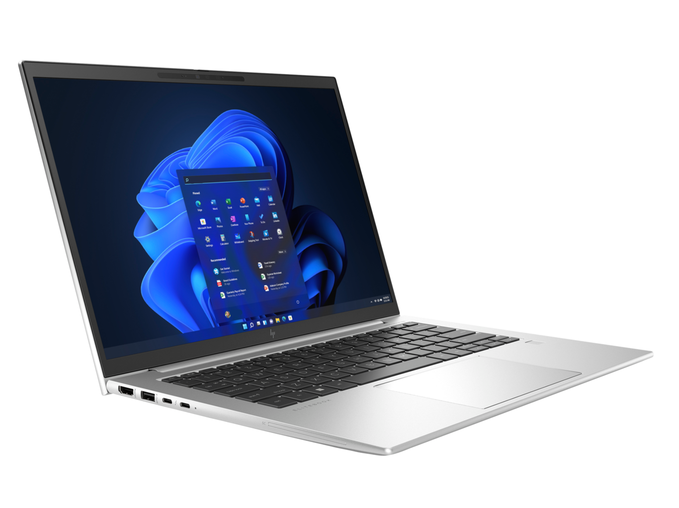 Silberner Laptop auf schwarzem Hintergrund, geöffnet, zeigt Windows-Oberfläche. Tastatur sichtbar, Bildschirm zeigt blaues abstraktes Bild.