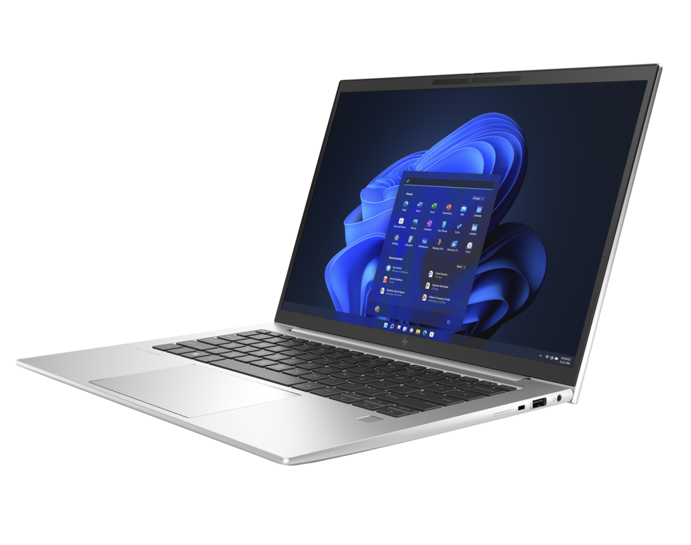 Ein silberner Laptop mit schwarzer Tastatur ist geöffnet und zeigt eine Windows-Oberfläche. Der Bildschirm zeigt App-Symbole auf blauem Hintergrund.