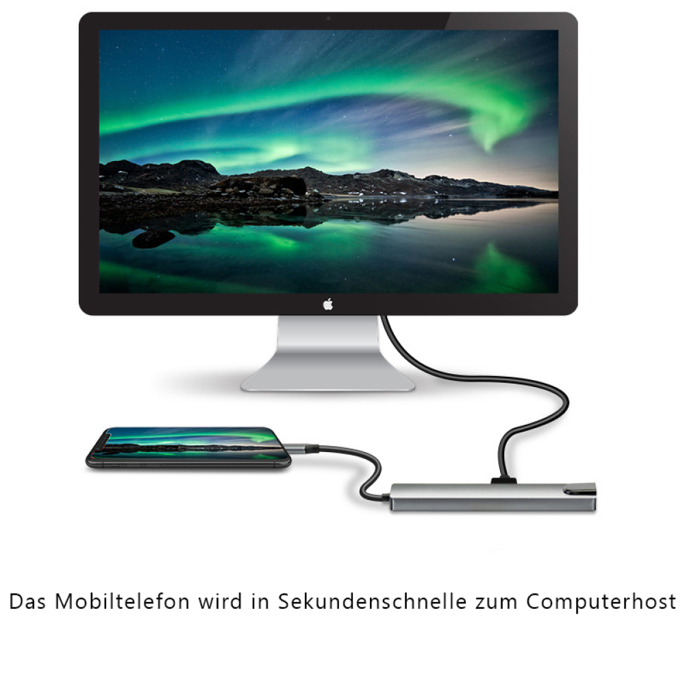Ein Telefon und ein Monitor, die durch ein schwarzes Kabel verbunden sind, zeigen ein Nordlicht-Szene. Das Telefon ist mit einem Hub verbunden.