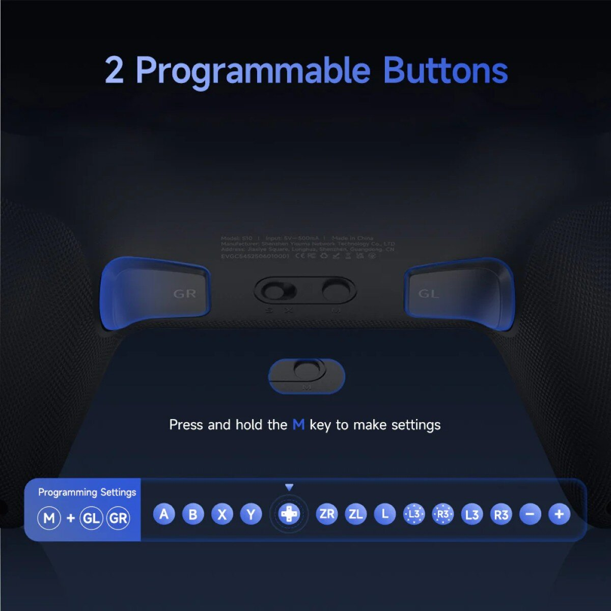 Nahaufnahme eines Gamecontrollers mit blauen Tasten, beschriftet mit GR und GL. Der Text lautet '2 programmierbare Tasten' und 'Halten Sie die M-Taste gedrückt'.