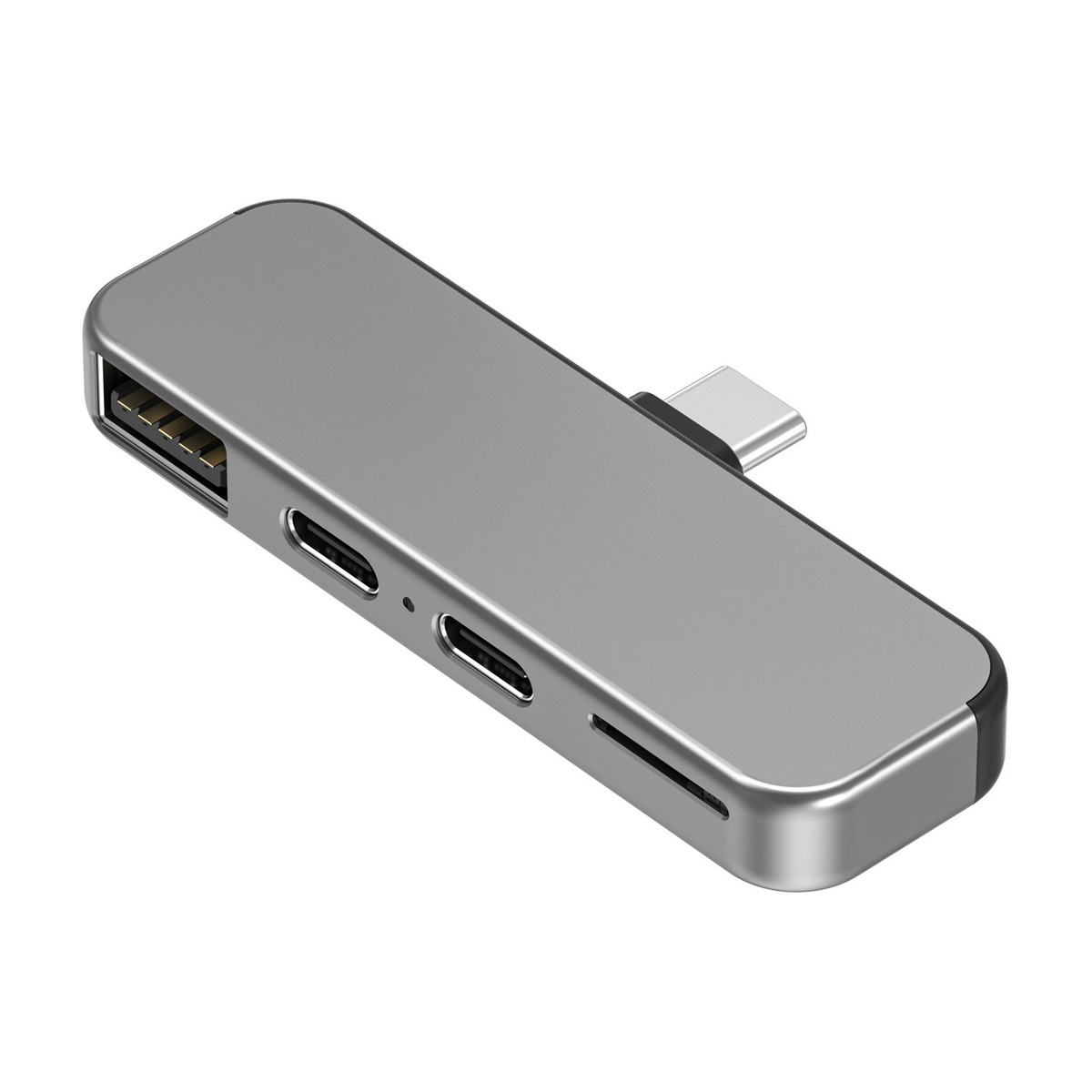 Ein silberner USB-C-Hub mit mehreren Anschlüssen, einschließlich USB und SD-Kartensteckplatz. Auf weißem Hintergrund, zum Betrachter geneigt.
