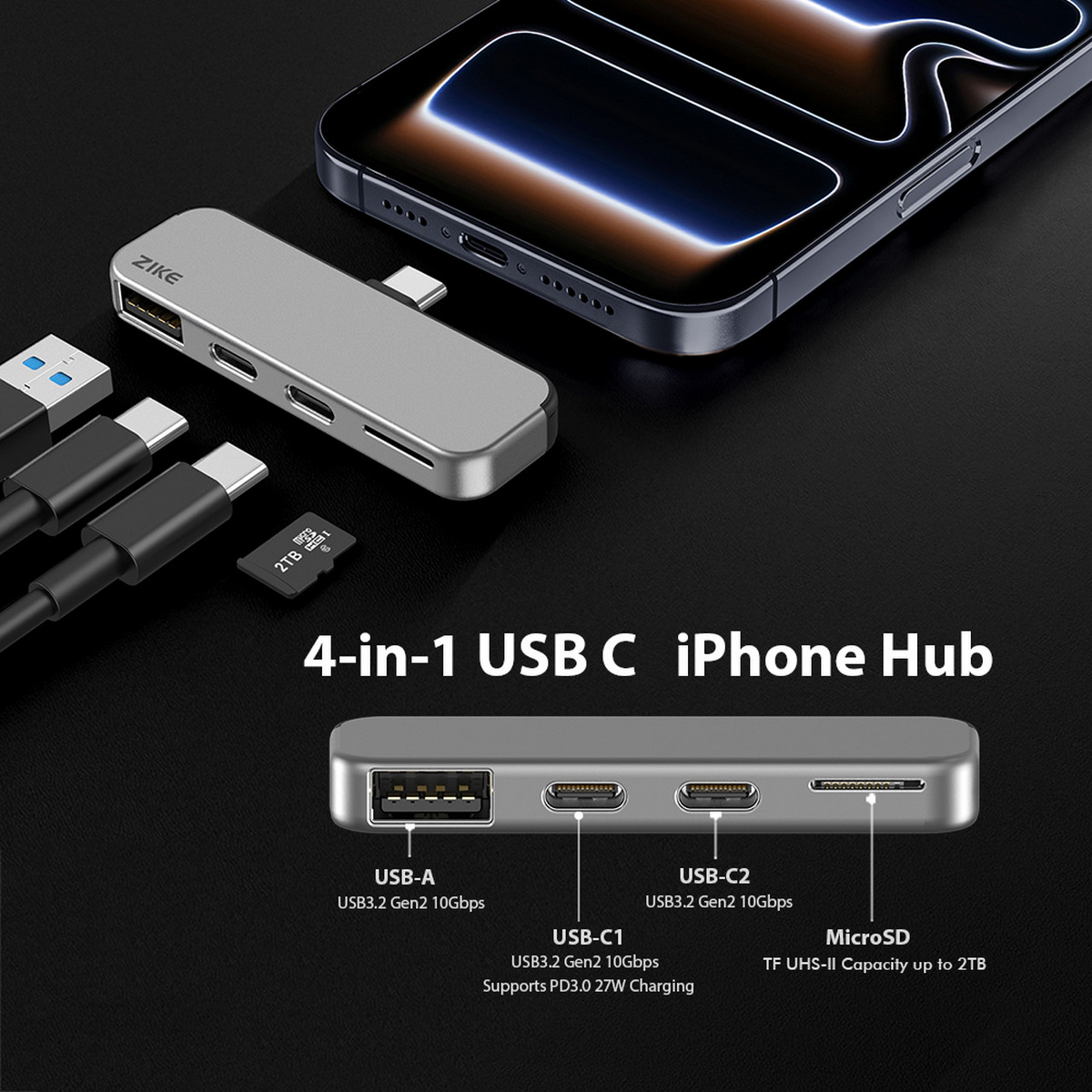 Silberner USB-C-Hub mit iPhone, Kabeln und einer microSD-Karte. Text: 4-in-1 USB C iPhone Hub, USB-A, USB-C1, USB-C2, MicroSD.