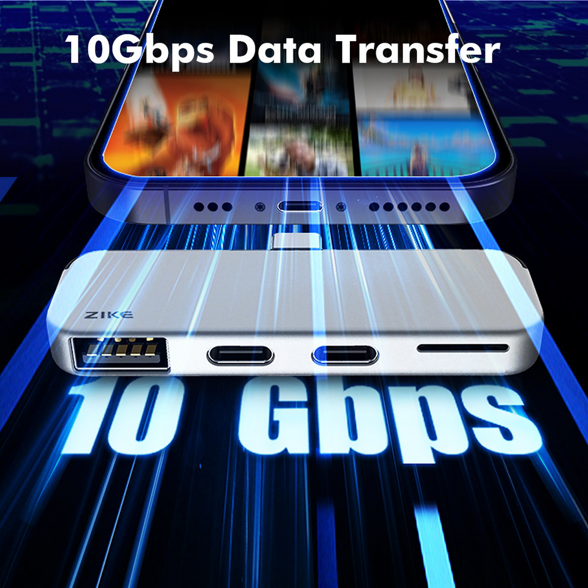 Ein Telefon über einem silbernen Datenübertragungsgerät. Text lautet "10 Gbit/s Datenübertragung" und "10 Gbit/s". Leuchtende blaue Linien.
