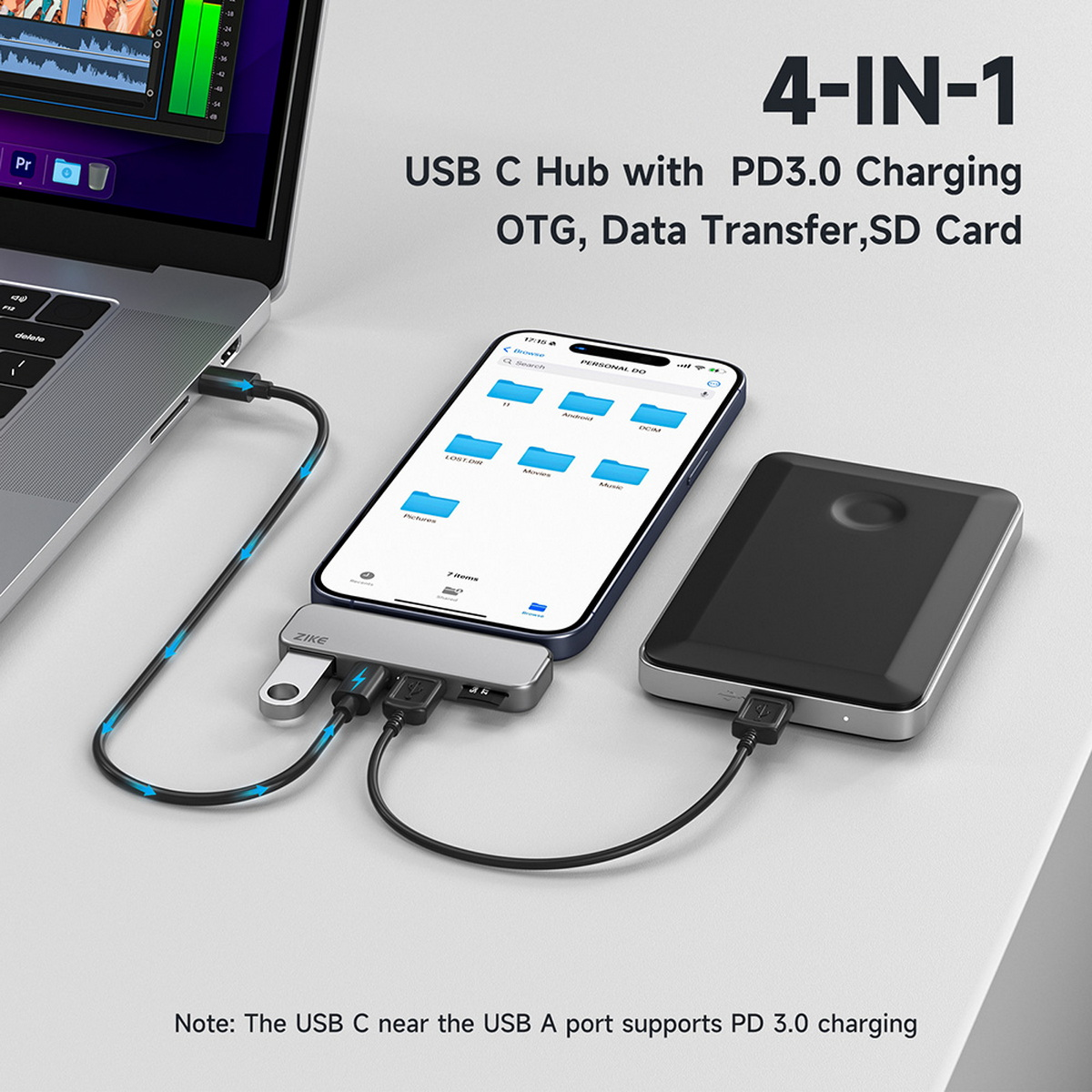 Ein Laptop, ein Telefon und eine externe Festplatte sind mit einem USB-C-Hub verbunden. Der Telefonbildschirm zeigt Dateien. Text lautet '4-IN-1 USB C Hub'.