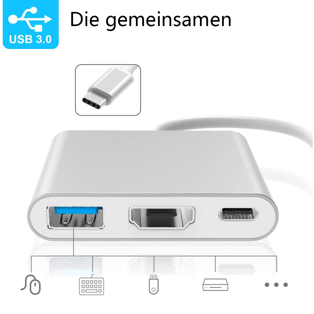 Ein silberner USB-Hub mit mehreren Anschlüssen, einschließlich USB 3.0, HDMI und USB-C. Ein kleines Bild zeigt einen USB-C-Anschluss.