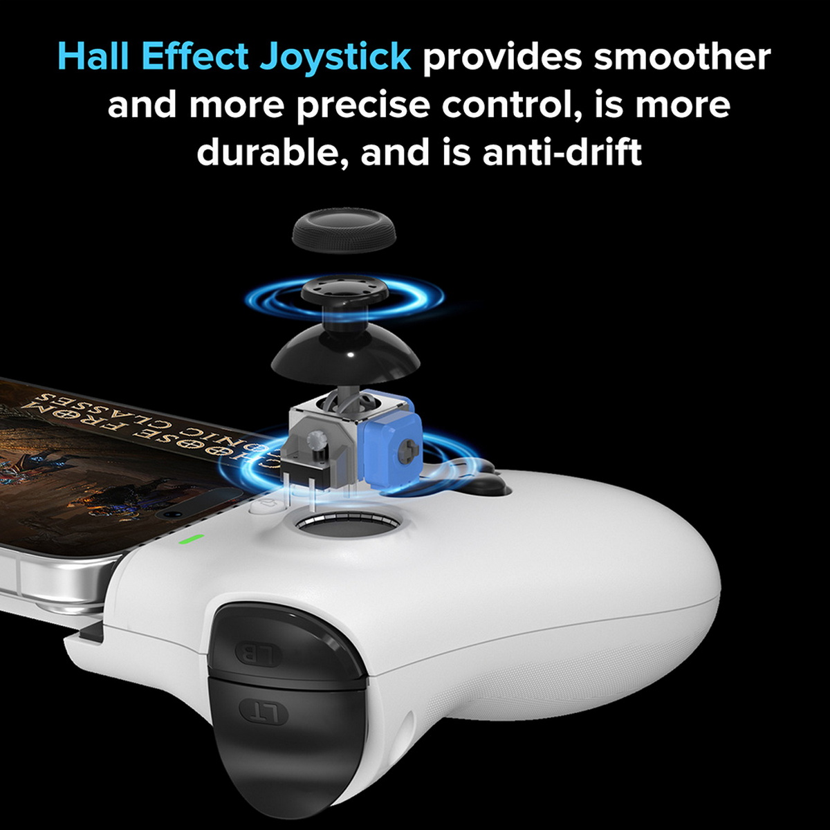 Un controller di gioco bianco con vista esplosa del joystick. Il testo dice Hall Effect Joystick.