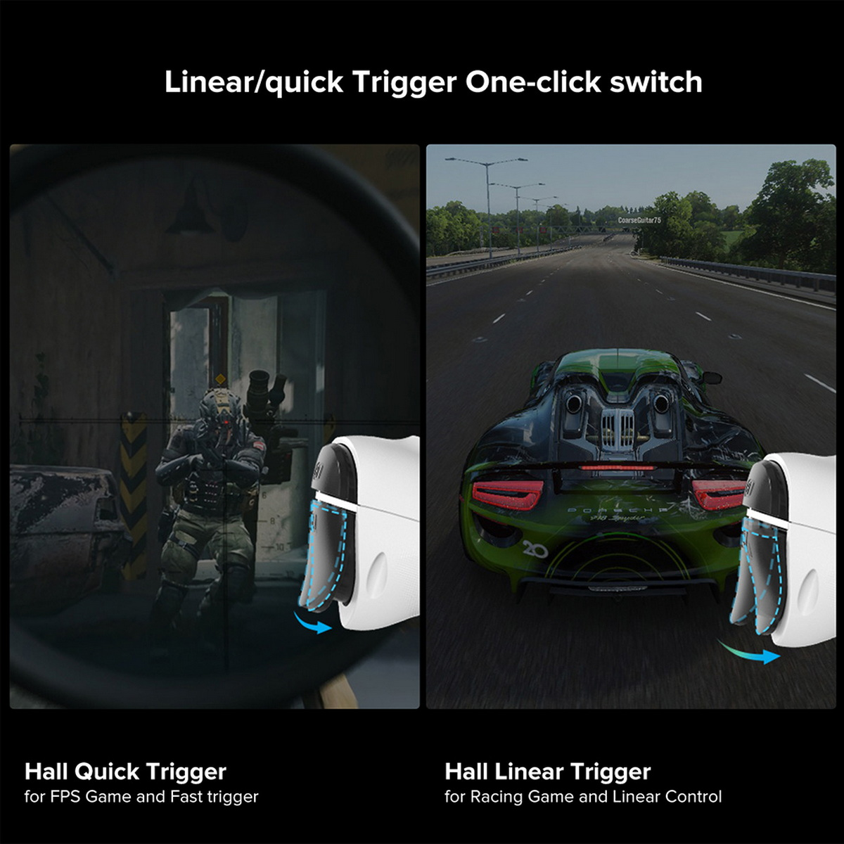L'immagine mostra due scenari di gioco: FPS con un soldato nel mirino e un gioco di corse con un'auto verde in autostrada.