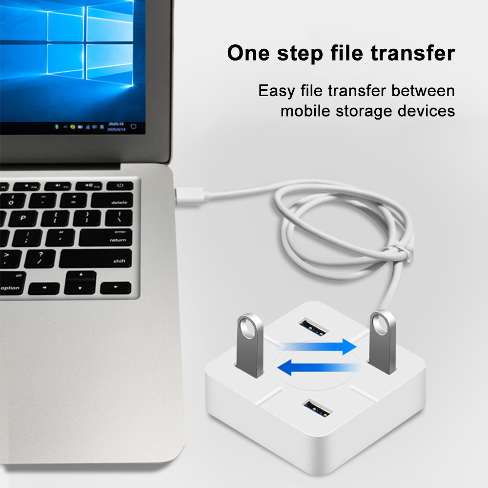 Laptop mit weißem USB-Hub verbunden. Pfeile zeigen Dateiübertragung an. Text sagt 'One step file transfer'.