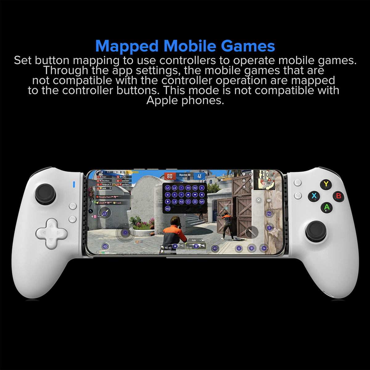 Ein weißer Gamecontroller mit einem Smartphone in der Mitte, das einen Spielbildschirm anzeigt. Der Controller hat Knöpfe und einen Joystick.