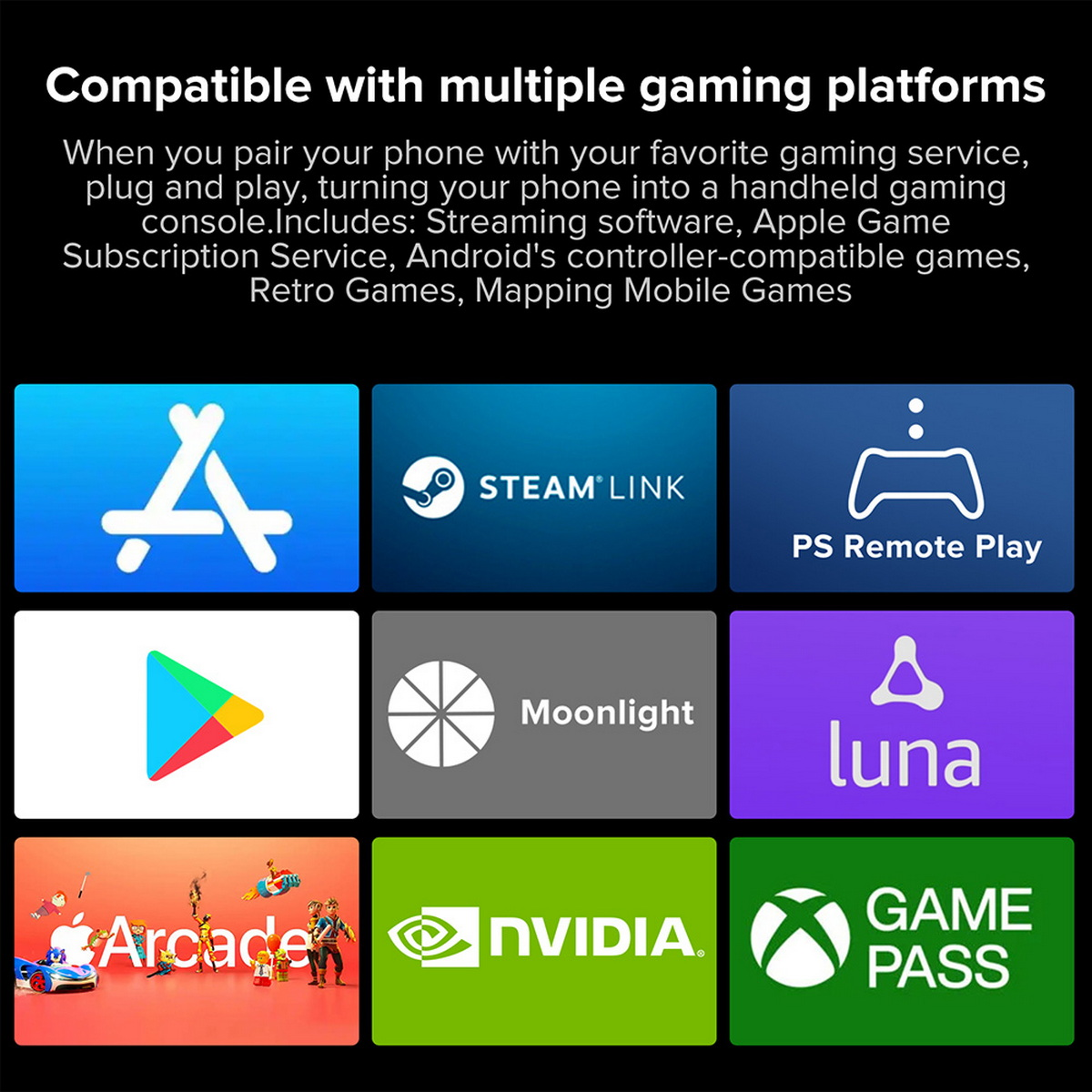 Das Bild zeigt Logos für Gaming-Plattformen wie Steam Link, PlayStation Remote Play und Nvidia, die mobiles Gaming bewerben.
