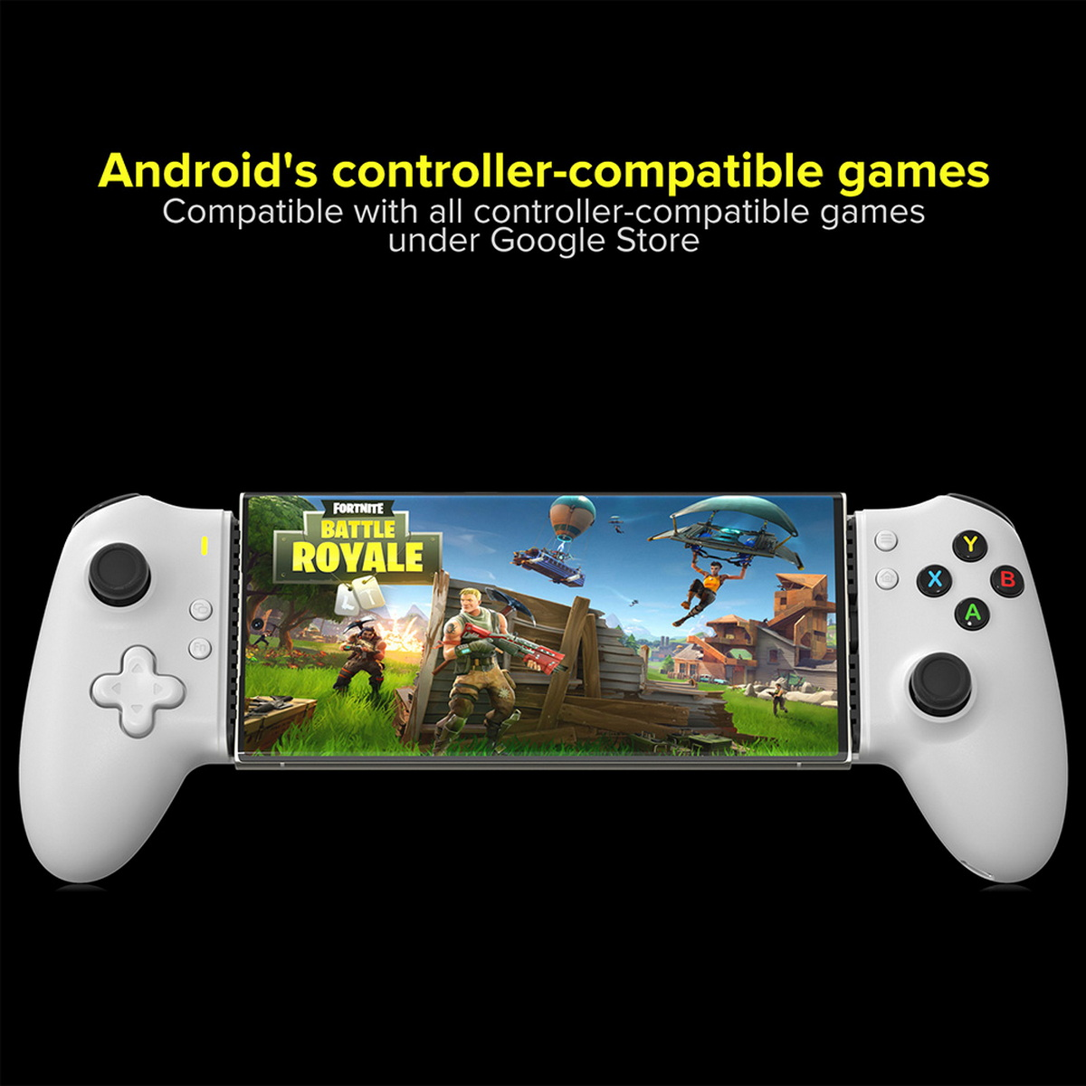 Un controller di gioco bianco che tiene un telefono con un gioco di Fortnite. Lo sfondo è nero e il testo dice giochi per controller Android.
