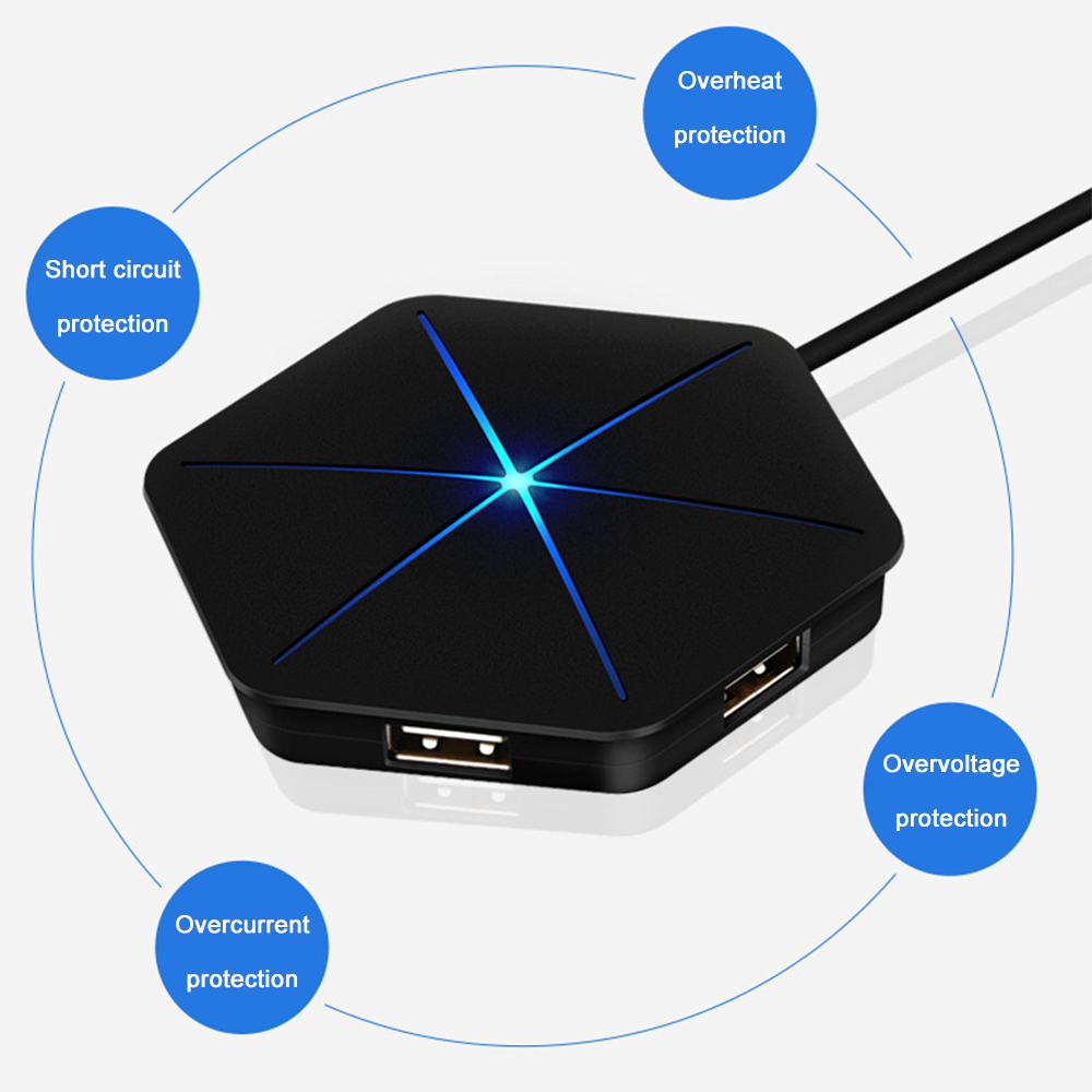 Schwarzer USB-Hub mit blauen Akzenten, gekennzeichnet für Schutz vor Kurzschluss, Überstrom, Überhitzung und Überspannung.