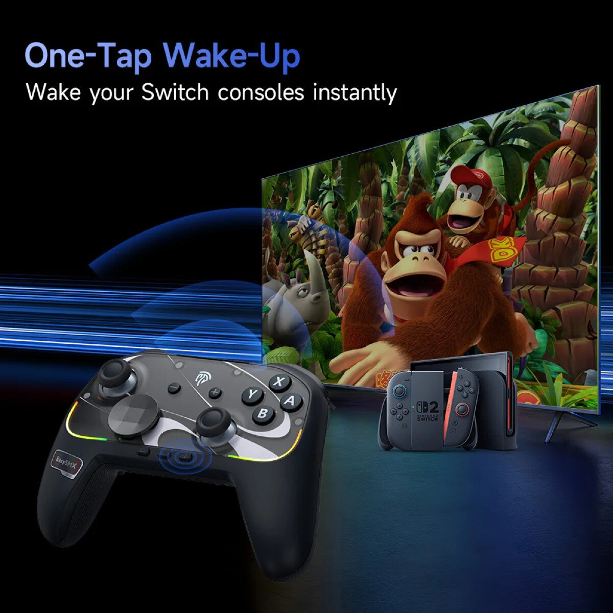 A game controller with a Switch console and a Donkey Kong game on a screen are displayed.