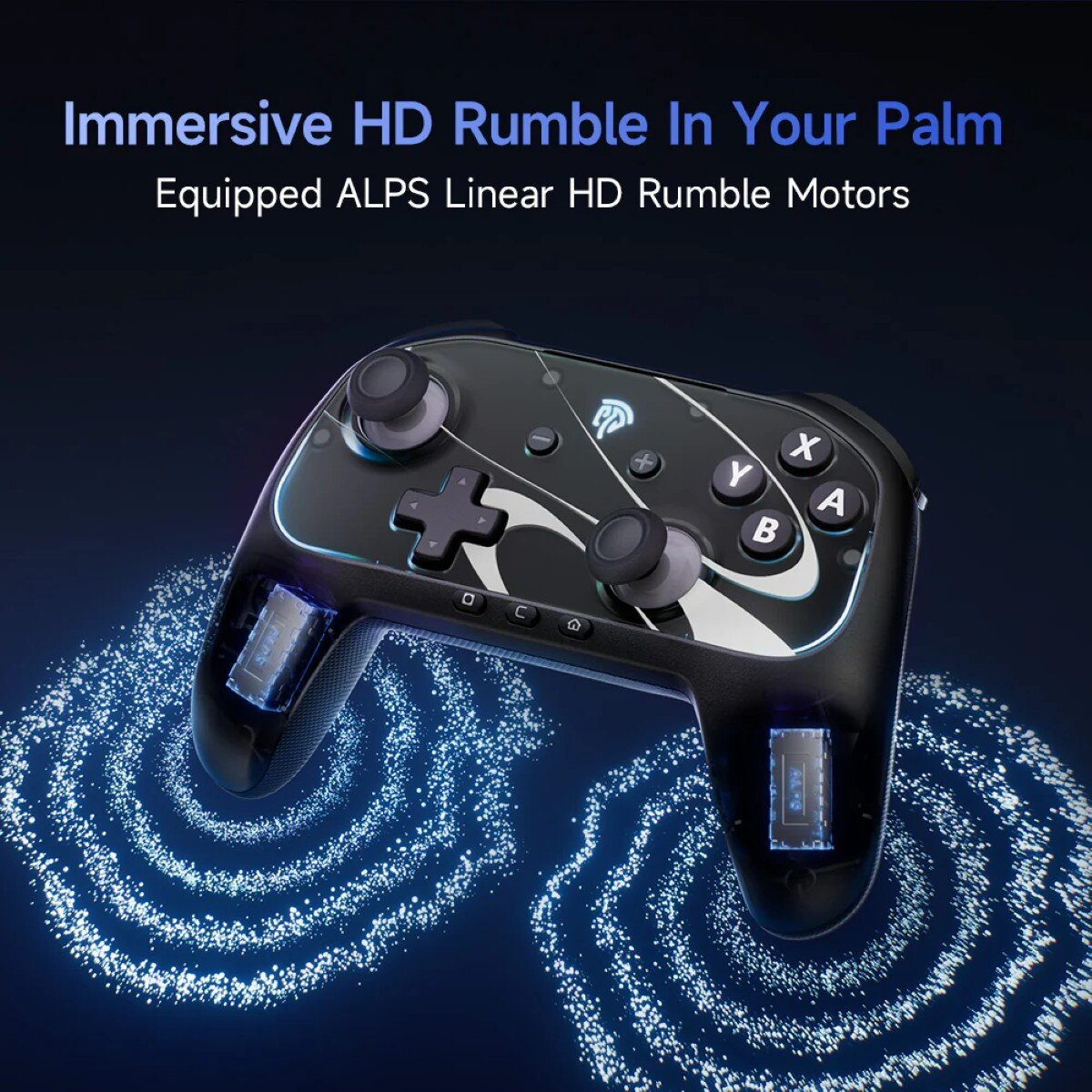 Black game controller with white accents. Blue glowing lights and white particle effects. Text: Immersive HD Rumble In Your Palm.