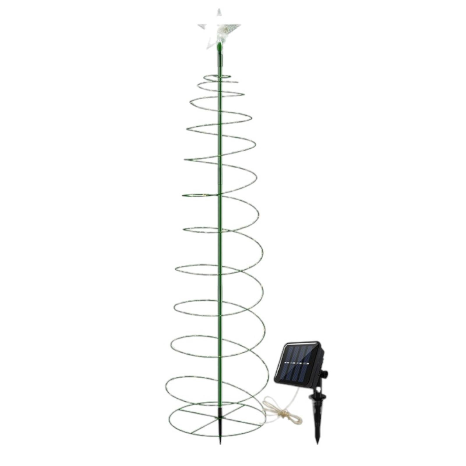 Ein grüner Weihnachtsbaum in Spiralform mit einem Stern und einem Solarpanel mit Erdspieß.