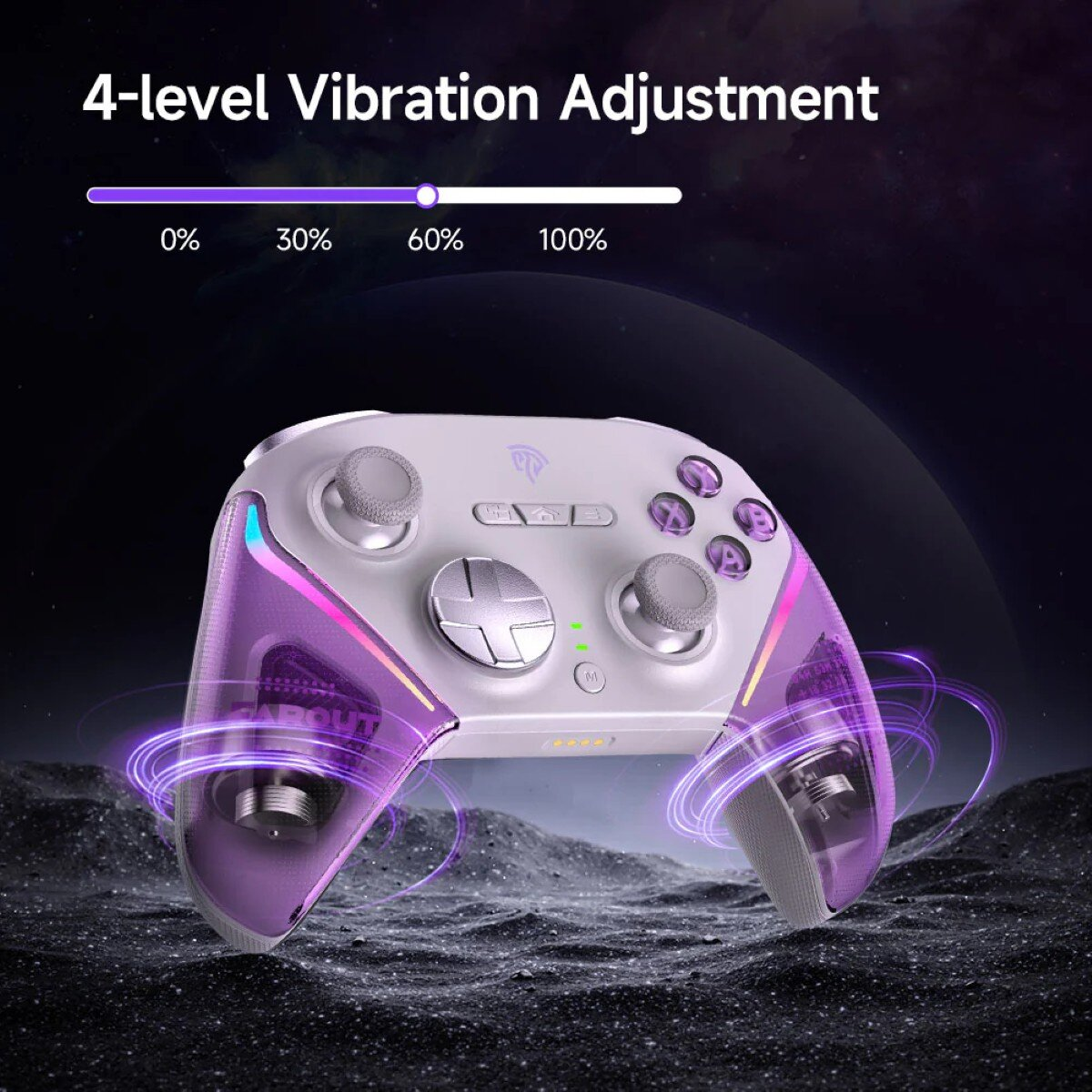 A white and purple game controller with vibration adjustment options, with a mountain-like background and purple light effects.