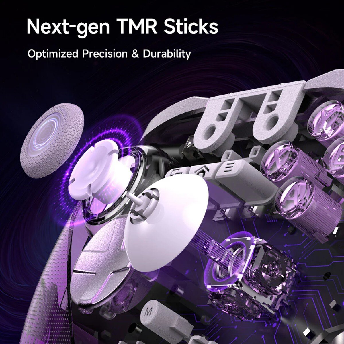 Close-up of a controller's internal components, white and transparent parts against a dark, purple-lit background. Text reads 'Next-gen TMR Sticks'.