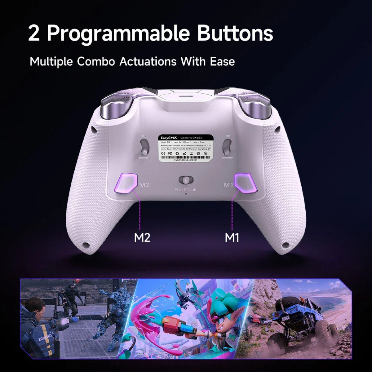 White game controller with two purple buttons labeled M1 and M2. Below are three game screenshots. Text says '2 Programmable Buttons'.