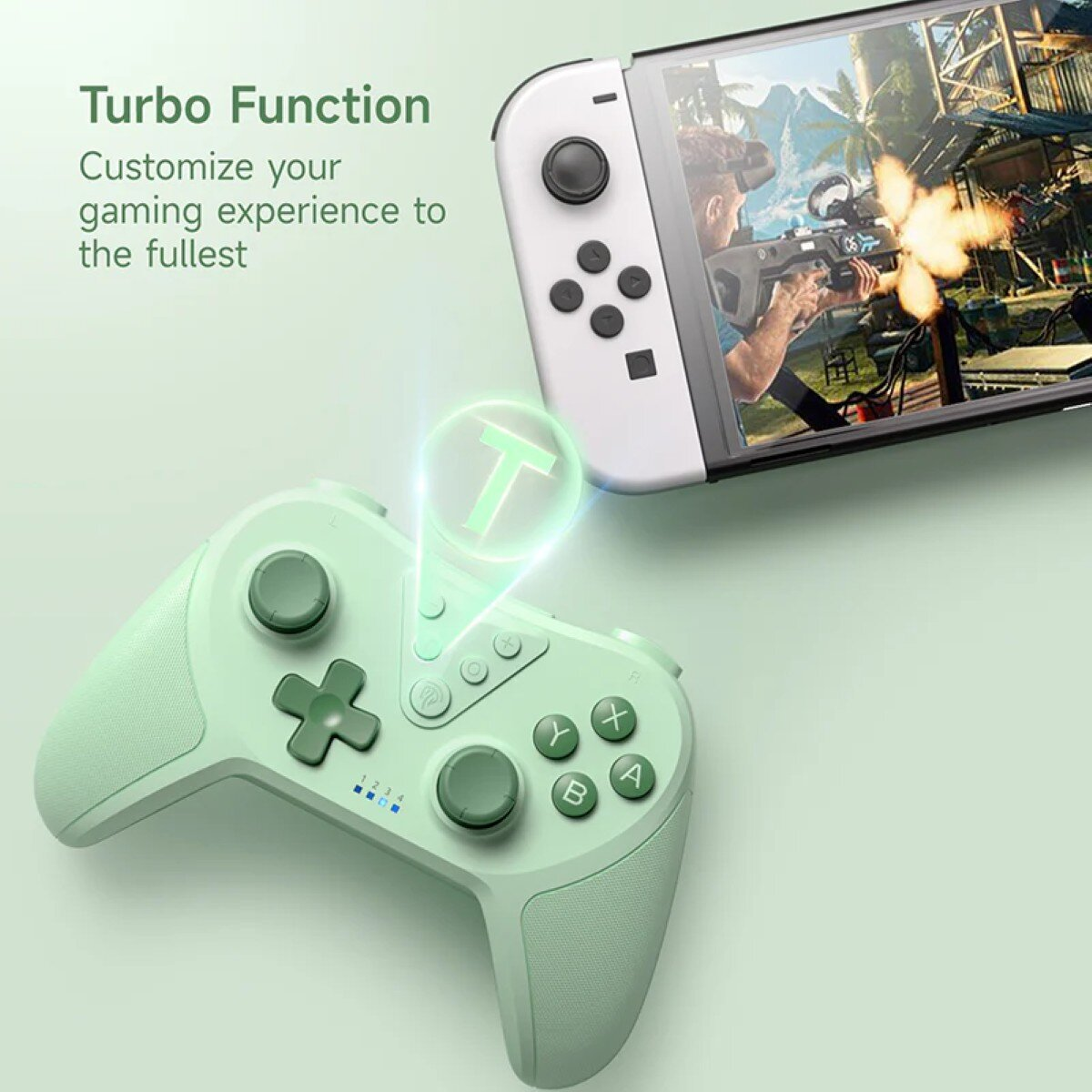 A mint-green game controller with a connected white game console. A screen on the console displays a game scene with a man holding a gun.