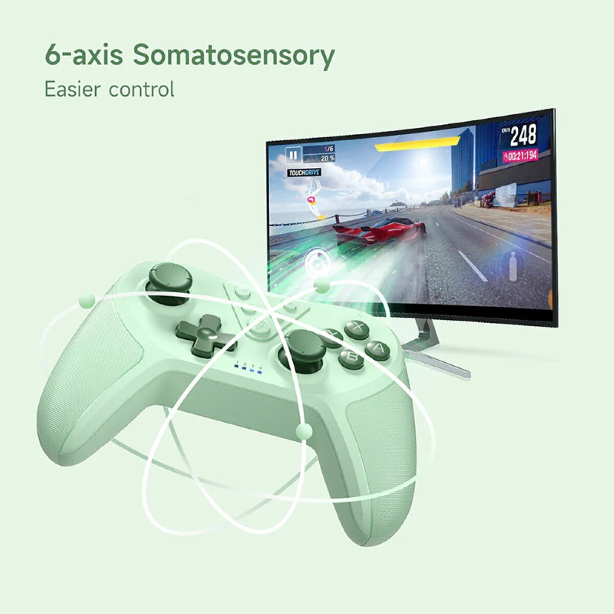 A mint green game controller with a curved screen showing a racing game. The text "6-axis Somatosensory" is above.