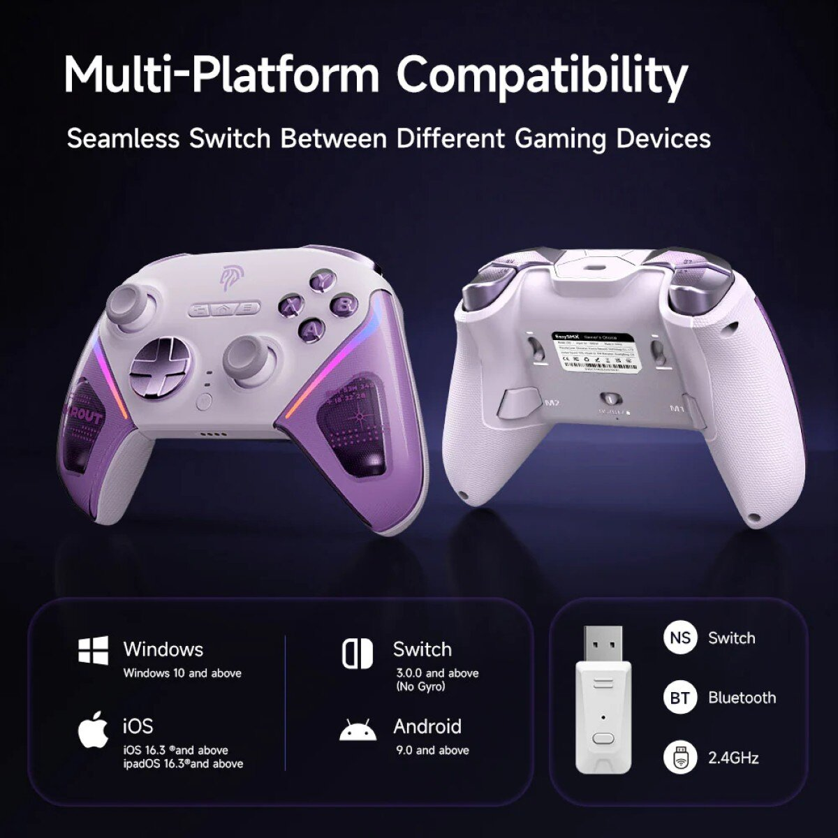 Two game controllers, white and purple, with compatibility icons for Windows, iOS, Switch, and Android, and a 2.4GHz dongle.