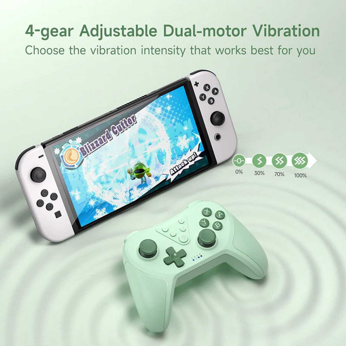 A white and black game console and a light green controller are on a light green surface. The screen shows a game.