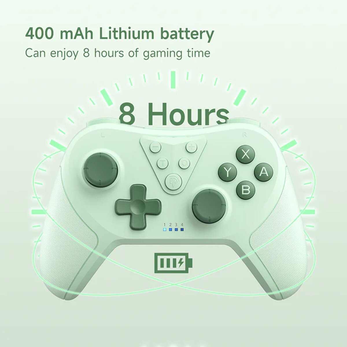 A mint green game controller with buttons, a D-pad, and a battery indicator. Text indicates 8 hours of gaming time.