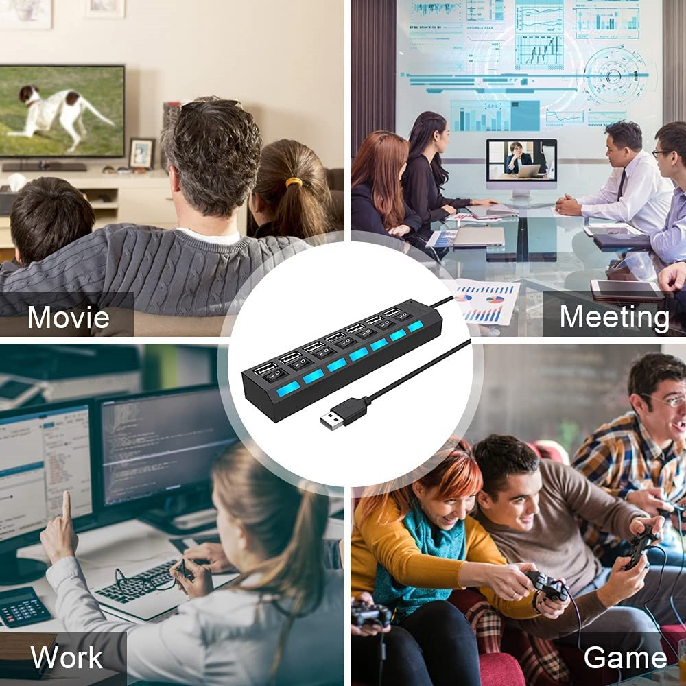 Das Bild zeigt Szenen: Film, Meeting, Arbeit und Spiel. In der Mitte befindet sich ein schwarzer USB-Hub, Menschen schauen fern, arbeiten und spielen.