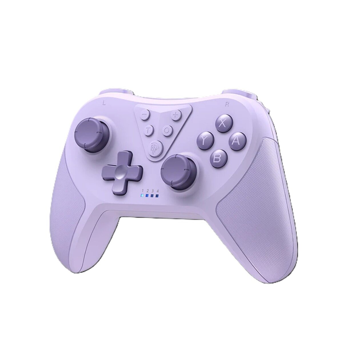 Ein lila Gamecontroller. Es hat Knöpfe: A, B, X, Y, Steuerkreuz und zwei Joysticks. Es gibt auch Start- und Auswahltasten.