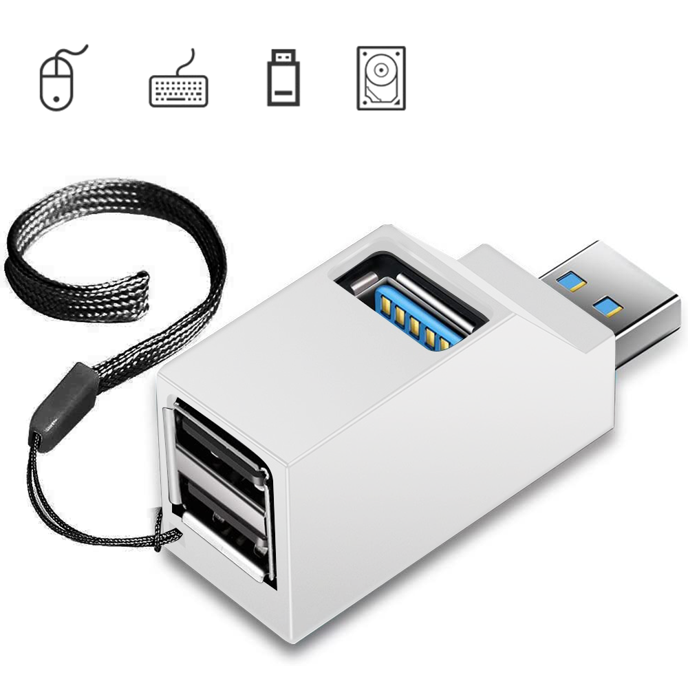 Weißer USB-Hub mit mehreren Anschlüssen, einem schwarzen Riemen und Symbolen für Maus, Tastatur, USB und Festplatte darüber.