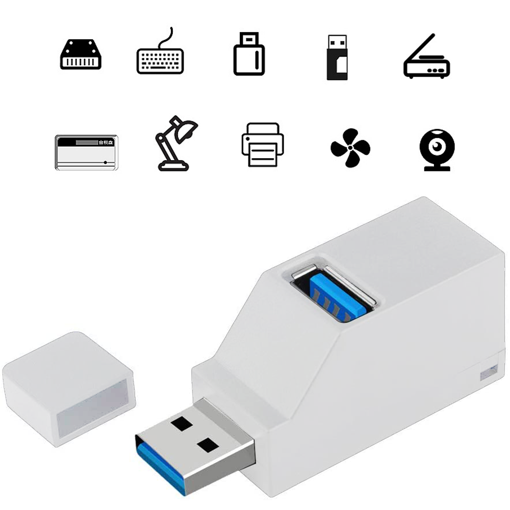 Ein weißer USB-Hub mit abgenommenem Deckel und USB-Anschluss. Oben sind Tech-Icons: Festplatte, Tastatur, USB-Stick, Webcam.