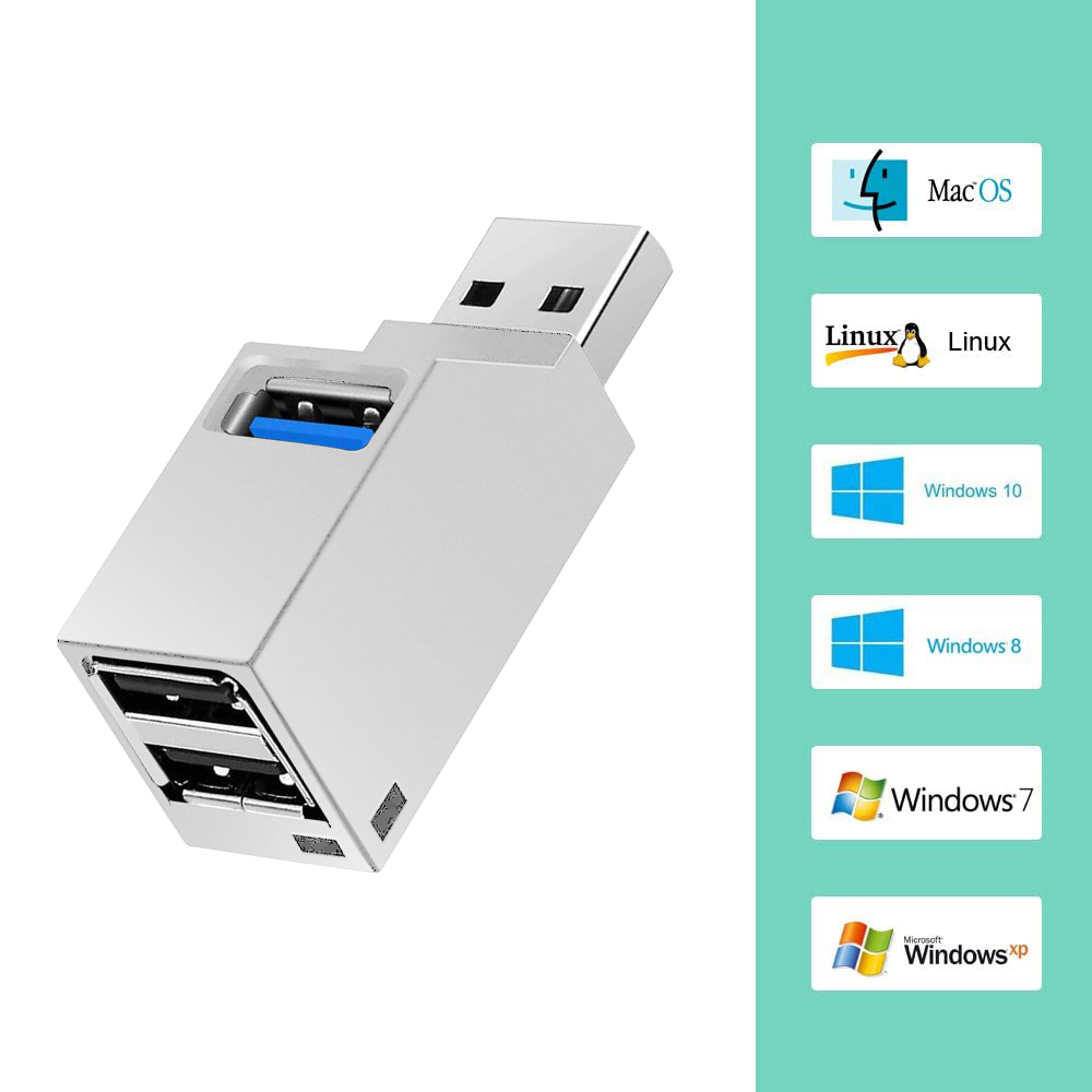 Ein silberner USB-Adapter mit USB-Anschlüssen, neben Systemlogos für MacOS, Linux, Windows 10, 8, 7 und XP.