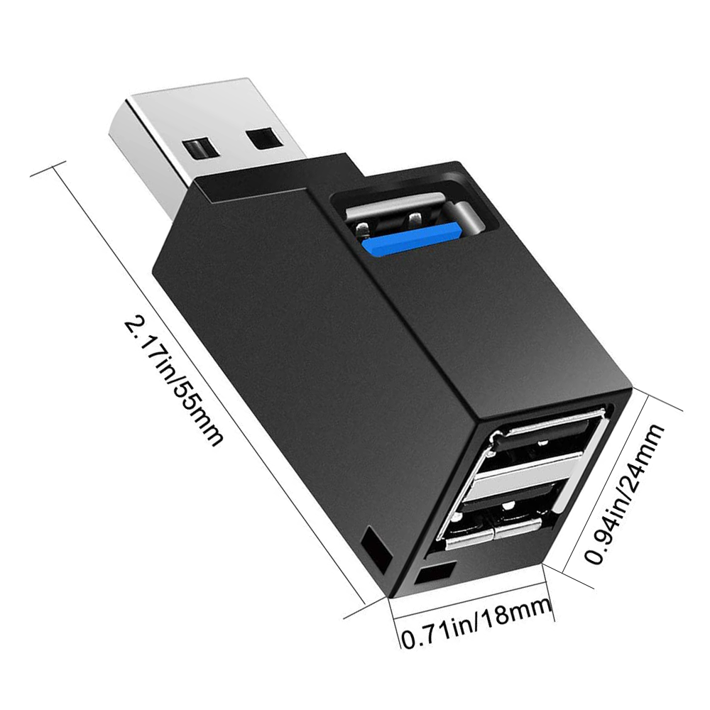 Ein schwarzer USB-Hub mit einem silbernen USB-Anschluss. Abmessungen sind beschriftet: 2,17 Zoll/55 mm, 0,94 Zoll/24 mm und 0,71 Zoll/18 mm.