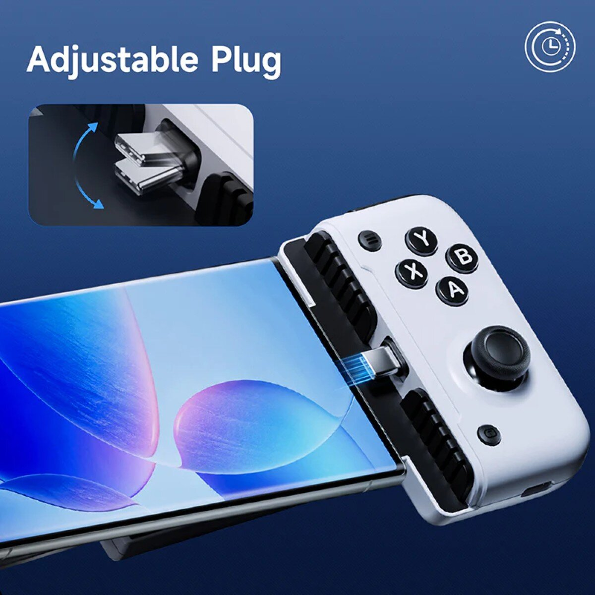 A white game controller with a phone attached. Features include buttons, a joystick, and an adjustable plug. The background is blue.