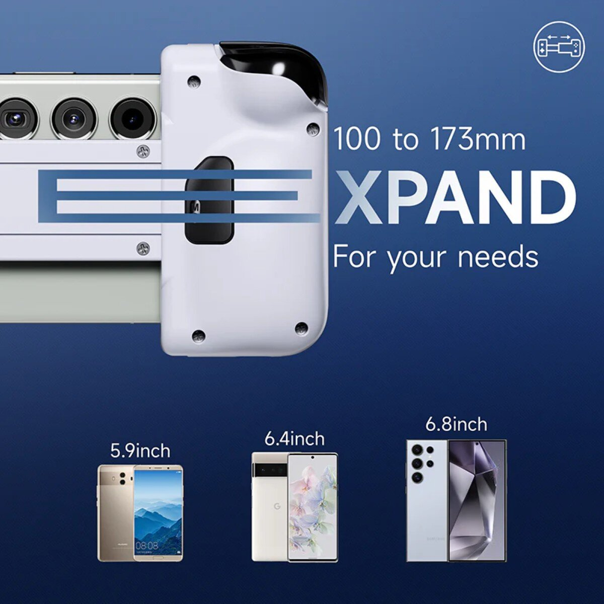 A white device with black accents and three cameras. Text: 100 to 173mm XPAND. Three phones of different sizes are shown.