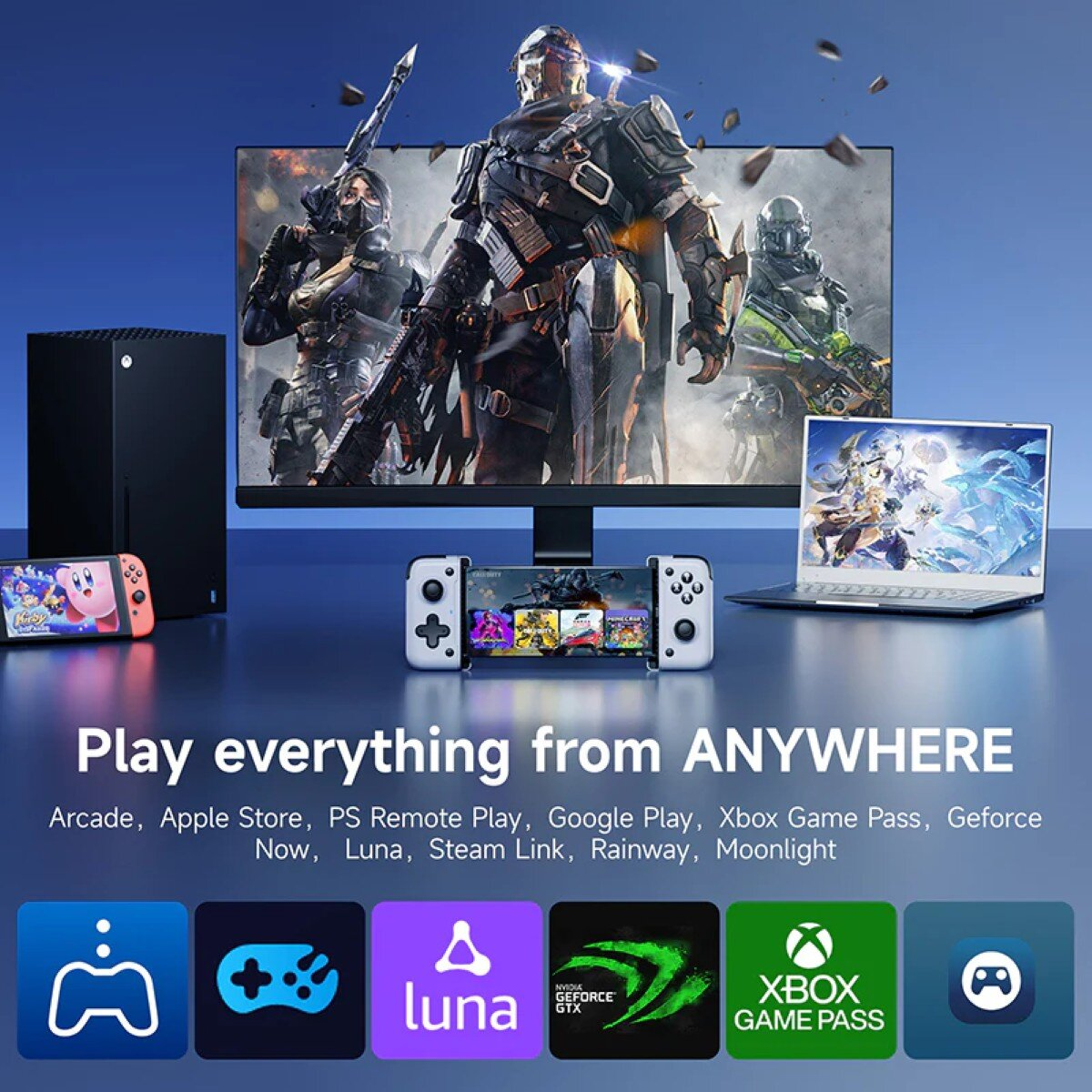Gaming setup with console, Switch, and laptop. Large screen displays game characters. Text: Play everything from ANYWHERE.